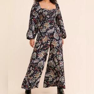 YUMI KIM Paisley Floral‎ Black Cropped Jumpsuit Large Smocked Bodice Romantic